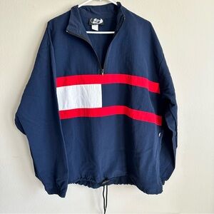 VTG Surf Style Mens Pullover 1/4 Zip Windbreaker Blue‎ White Red L/XL Made USA